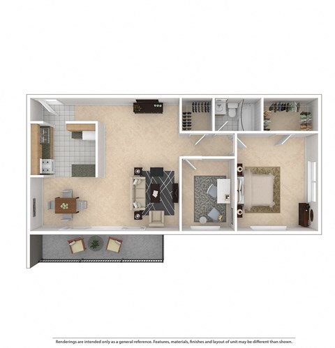 Floor plan for 1 bed, 1 bath, 702 sqft